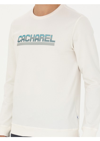 Erkek Ekru Regular Fit Pamuk Karışımlı Baskılı Bisiklet Yaka Sweatshirt 50272483-VR019