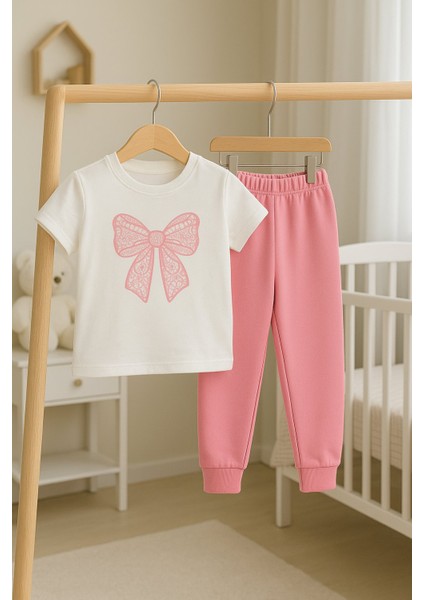 Kız Çocuk Yazlık Şık Takım | Fiyonk Desenli Tişört ve Eşofman Alt I Pamuklu Terletmez I Çocuk Takım modelleri