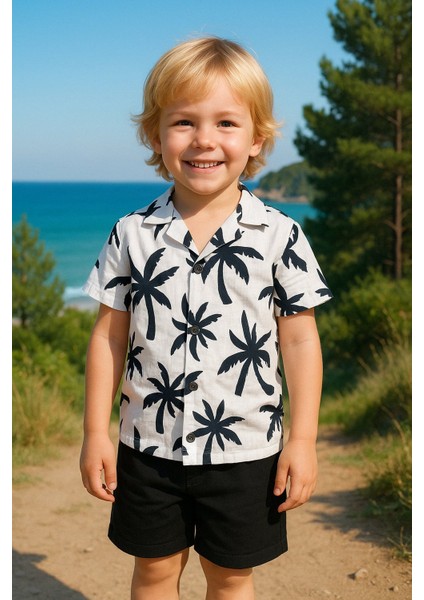 Çocuklar Için Yazlık Takım: Palmiye Desenli Gömlek ve Şort I Tatilde Şıklık I Bürümcük Kumaş I