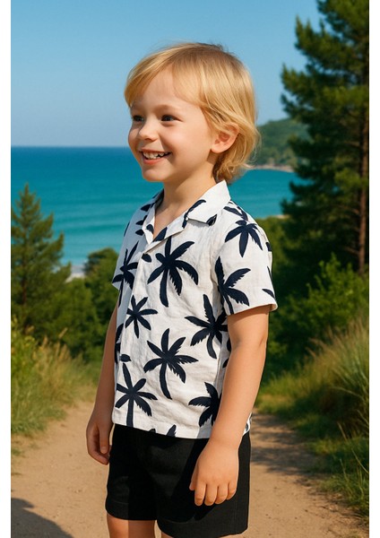 Çocuklar Için Yazlık Takım: Palmiye Desenli Gömlek ve Şort I Tatilde Şıklık I Bürümcük Kumaş I fiyatları