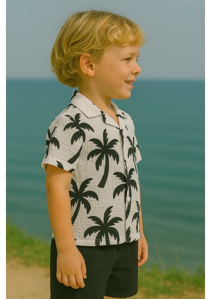 Çocuklar Için Yazlık Takım: Palmiye Desenli Gömlek ve Şort I Tatilde Şıklık I Bürümcük Kumaş I fırsatları
