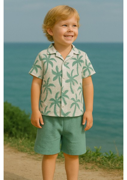 Çocuklar Için Yazlık Takım: Palmiye Desenli Gömlek ve Şort I Tatilde Şıklık I Bürümcük Kumaş I