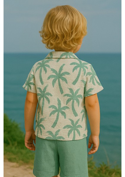 Çocuklar Için Yazlık Takım: Palmiye Desenli Gömlek ve Şort I Tatilde Şıklık I Bürümcük Kumaş I fiyatları