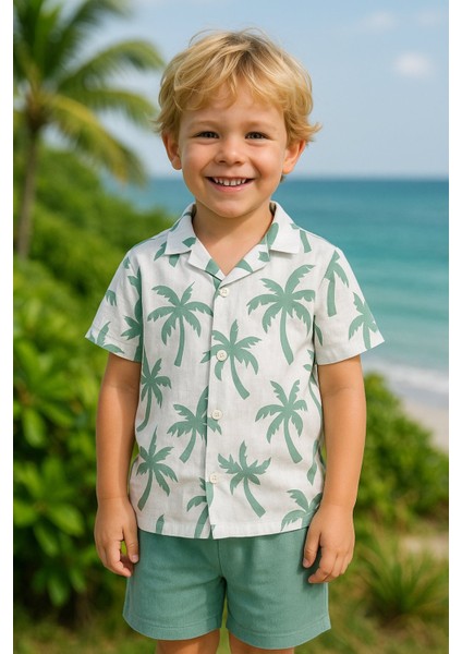 Çocuklar Için Yazlık Takım: Palmiye Desenli Gömlek ve Şort I Tatilde Şıklık I Bürümcük Kumaş I fırsatları