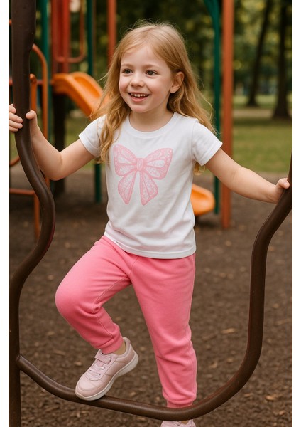 Kız Çocuk Yazlık Şık Takım | Fiyonk Desenli Tişört ve Eşofman Alt I Pamuklu Terletmez I Çocuk Takım