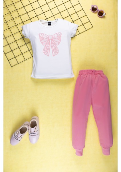 Kız Çocuk Yazlık Şık Takım | Fiyonk Desenli Tişört ve Eşofman Alt I Pamuklu Terletmez I Çocuk Takım fırsatları