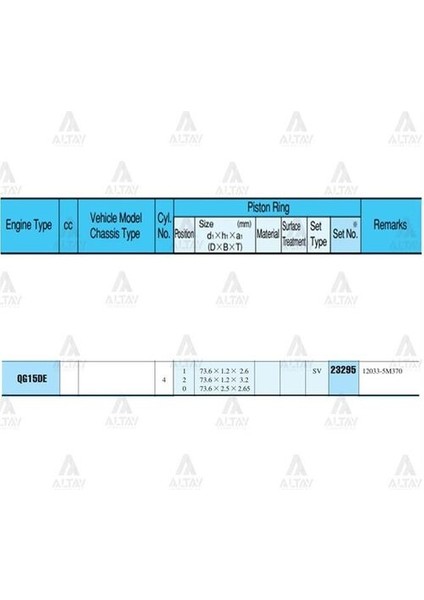 23295-STD Segman Almera 02-07 1.5 73.60MM QG15DE Std Takım 23295STD