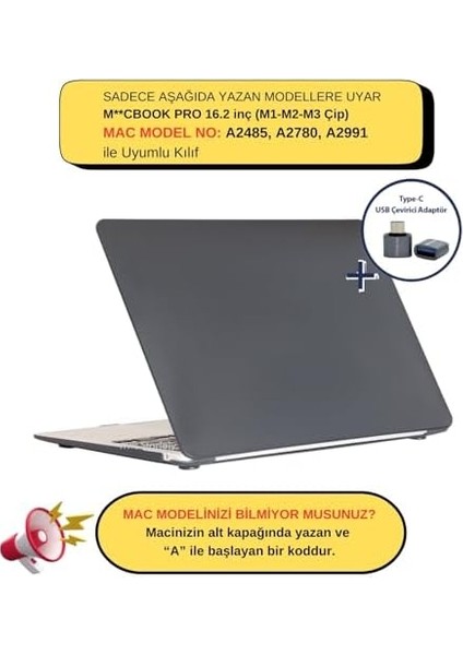 Macbook Pro 16INÇ Kılıf M1-M2-M3-M4, Mat Iz Yapmaz (Touchbarsız 16.2" Pro) A2485 A2780 A2991 A3403 A3186 ile Uyumlu Siyah