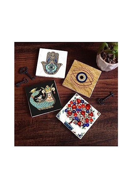 Nazar, Şahmeran, Nar Ağacı, Fatma Ana Eli (Hamsa) Taş Bardak Altlığı Seti - 4 Parça - Dekoratif, Rustik Mutfak Aksesuarı, 10X10 Cm, Kaydırmaz Tabanlı, Şık ve Dayanıklı SC506 fiyatları