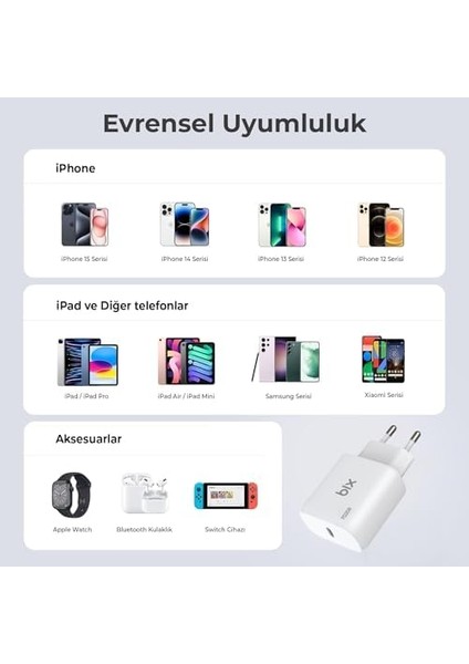 BXCL20TA 20W Pd Süper Hızlı Type-C Şarj Cihazı, Type-C Den Lightning E Kablosuyla iPhone 14/14 Pro/14 Pro Max, iPhone 13/12/11/x/xr/xs/serisi, iPad 9, Airpods Pro ve Daha Fazlasıyla Uyumlu