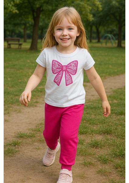 Kız Çocuk Yazlık Şık Takım | Fiyonk Desenli Tişört ve Eşofman Alt I Pamuklu Terletmez I Çocuk Takım