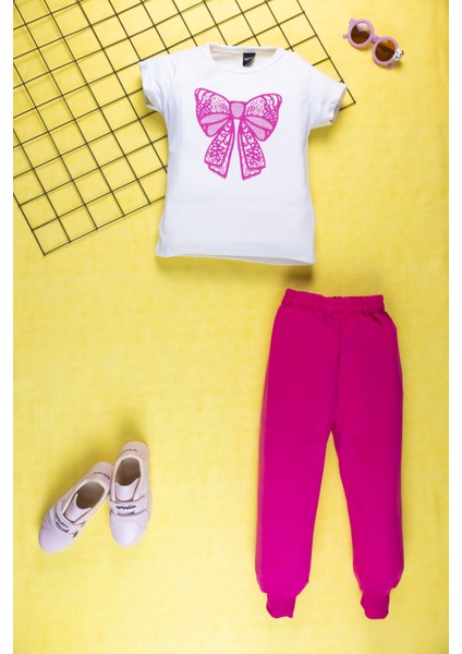 Kız Çocuk Yazlık Şık Takım | Fiyonk Desenli Tişört ve Eşofman Alt I Pamuklu Terletmez I Çocuk Takım fiyatları