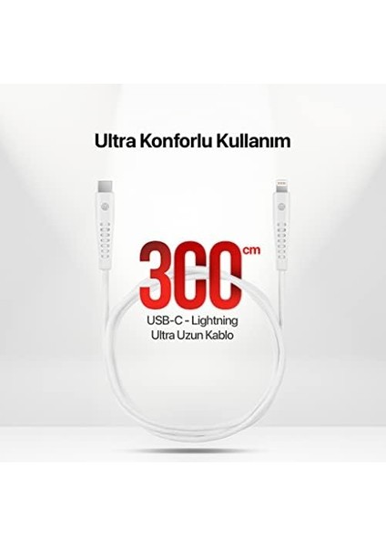- Usb-C - iPhone Lightning 3A Şarj Kablosu 300CM-BEYAZ