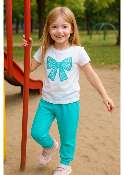 Kız Çocuk Yazlık Şık Takım | Fiyonk Desenli Tişört ve Eşofman Alt I Pamuklu Terletmez I Çocuk Takım