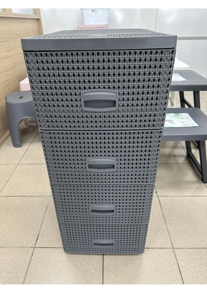 Büyük Boy Gri Örgülü 4 Çekmeceli Komidin Sebzelik Şifonyer 028