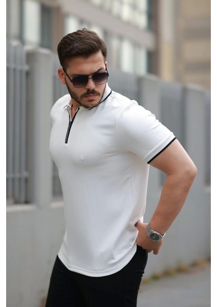 Erkek Fermuar Yakalı Çizgi Detaylı Kısa Kollu Tişört fiyatları
