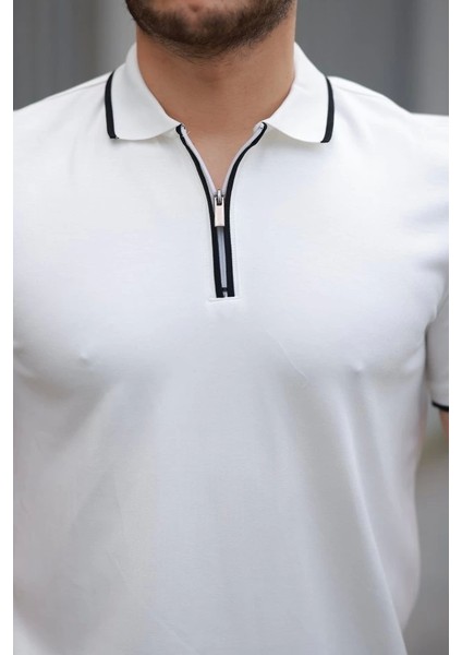 Erkek Fermuar Yakalı Çizgi Detaylı Kısa Kollu Tişört modelleri