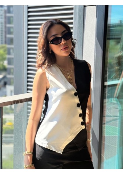 Kadın Sıfır Kol V Yakalı Düğmeli Blok Renkli Atlas Yelek