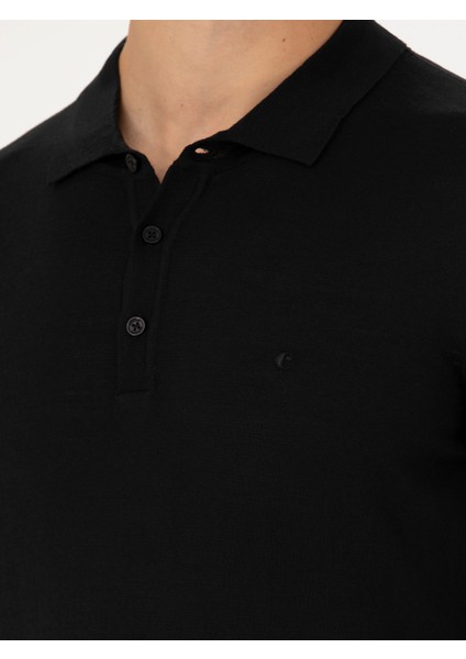 Erkek Siyah Slim Fit Polo Yaka Basic Triko Kazak 50270169-VR046