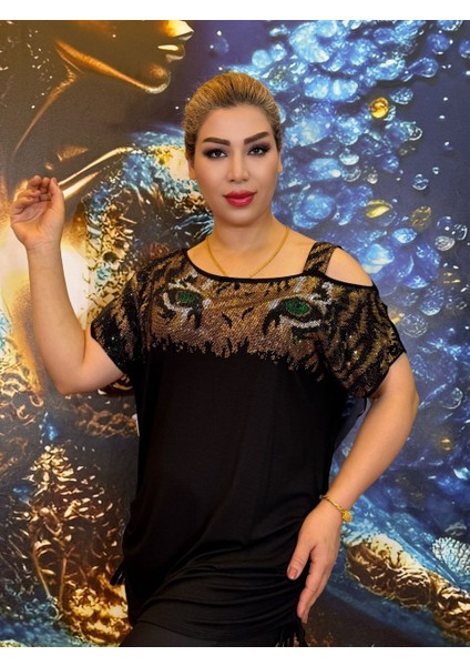 Taşli Bluz,leopar Desenli,pamuk Ipliği,açık Omuz,tek Askılı Omuz Askısı,abiye,taşli Işlemeli,siyah