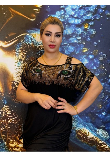 Taşli Bluz,leopar Desenli,pamuk Ipliği,açık Omuz,tek Askılı Omuz Askısı,abiye,taşli Işlemeli,siyah fiyatları
