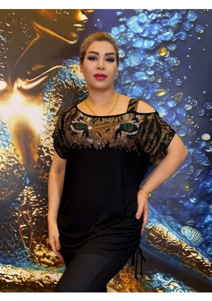 Taşli Bluz,leopar Desenli,pamuk Ipliği,açık Omuz,tek Askılı Omuz Askısı,abiye,taşli Işlemeli,siyah fırsatları