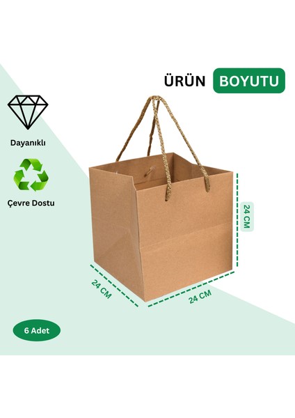 Kraft Karton Pasta Çanta, 6'lı - Kare Taban, Körüklü, Ipli Hediye Taşıma Çantası, 24X24X24 cm fiyatları