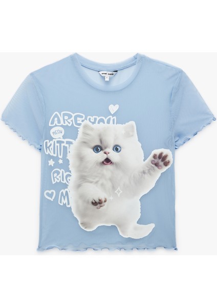 Kısa Kollu Bisiklet Yaka Slim Fit Kedi Baskılı Crop Tişört