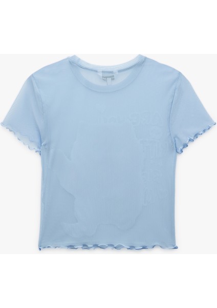 Kısa Kollu Bisiklet Yaka Slim Fit Kedi Baskılı Crop Tişört