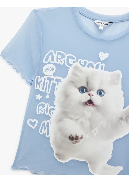 Kısa Kollu Bisiklet Yaka Slim Fit Kedi Baskılı Crop Tişört