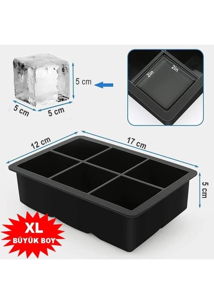Elite Siyah Silikon 6'lı Kare Buz Kalıbı - 6 Bölmeli Buzluk 5cm Dev Buz Küpleri - Sunum Buz Küpü 1 Adet