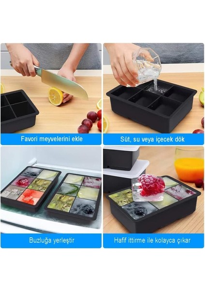 Elite Siyah Silikon 6'lı Kare Buz Kalıbı - 6 Bölmeli Buzluk 5cm Dev Buz Küpleri - Sunum Buz Küpü 1 Adet modelleri