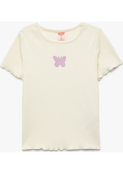 Kelebek Nakışlı Pamuklu Kısa Kollu Bisiklet Yaka Tişört