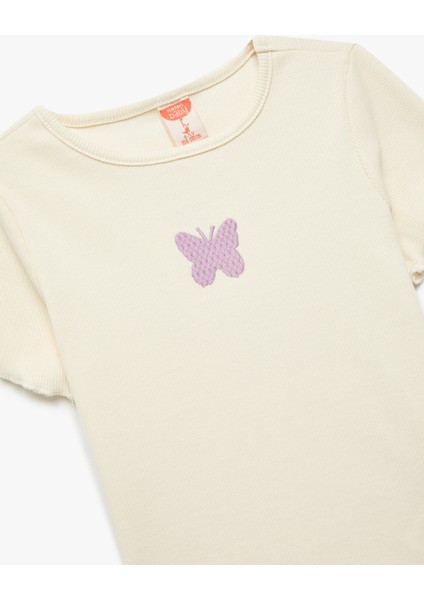 Kelebek Nakışlı Pamuklu Kısa Kollu Bisiklet Yaka Tişört modelleri