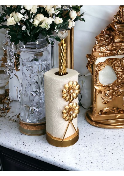Elite Taşlı Çiçek Detaylı Rulo Kağıt Havluluk Peçetelik Premium Dekoratif Metal Havluluk Büyük Boy Gold 1 Adet