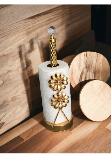 Elite Taşlı Çiçek Detaylı Rulo Kağıt Havluluk Peçetelik Premium Dekoratif Metal Havluluk Büyük Boy Gold 1 Adet