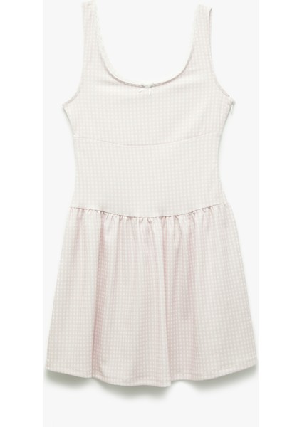 Kolsuz U Yaka Bürümcük Volanlı Fiyonklu Pötikareli Kloş Mini Elbise