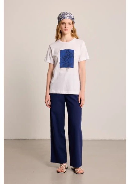 Çiçek Baskılı Pamuk T-Shirt - Beyaz modelleri