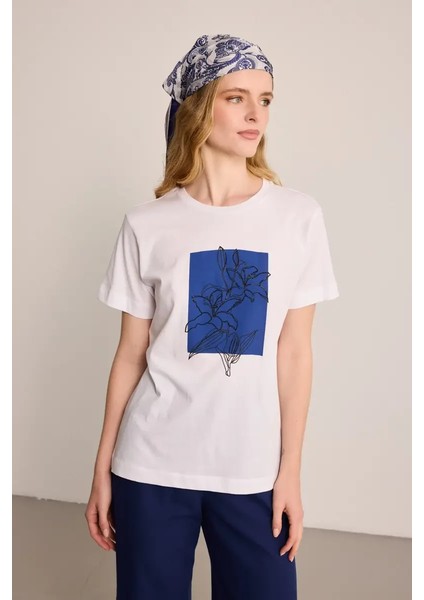 Çiçek Baskılı Pamuk T-Shirt - Beyaz fırsatları