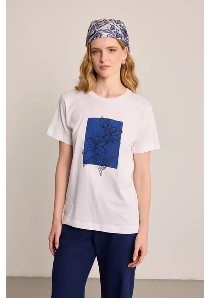 Çiçek Baskılı Pamuk T-Shirt - Beyaz indirimleri