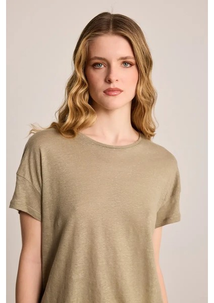Bisiklet Yaka Keten T-Shirt - Yeşil modelleri