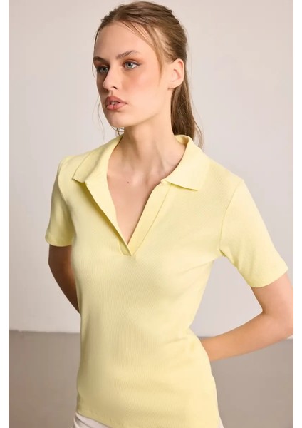 Polo Yaka Pamuk Kaşkorse T-Shirt - Sarı