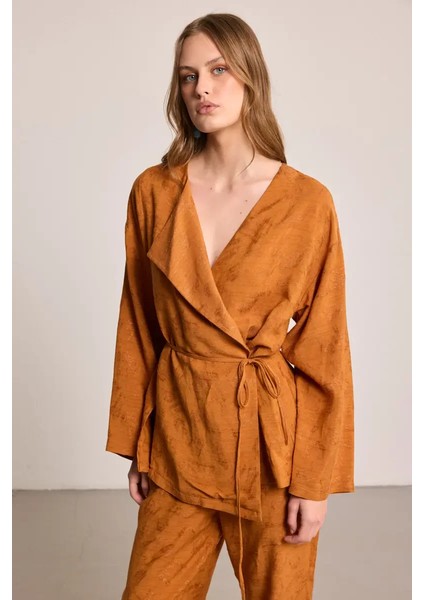 Jakar Desenli Keten Kimono - Kiremit