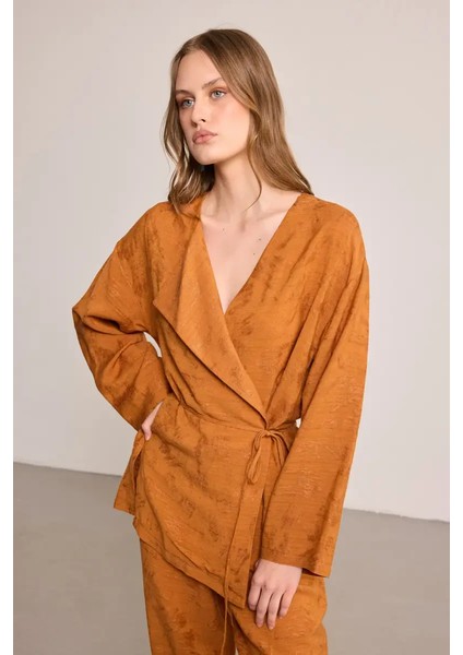 Jakar Desenli Keten Kimono - Kiremit modelleri
