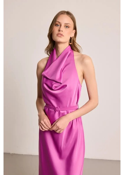 Halter Yaka Uzun Saten Elbise - Fuşya