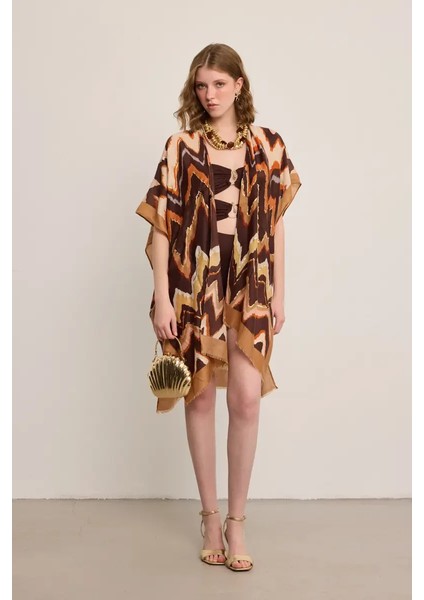 Zikzak Desenli Varaklı Kimono - Vizon