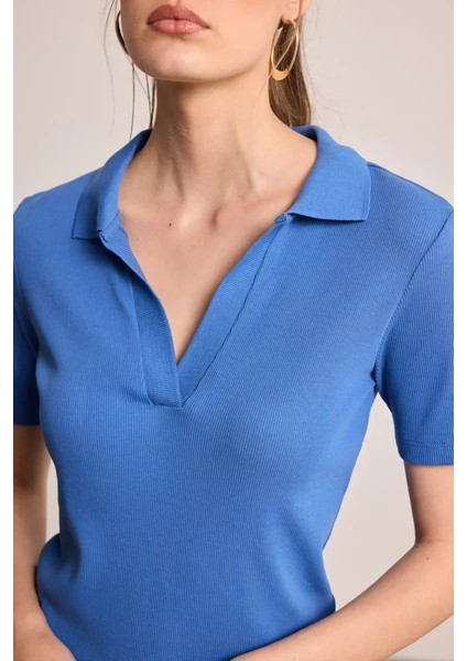 Polo Yaka Pamuk Kaşkorse T-Shirt - Mavi modelleri