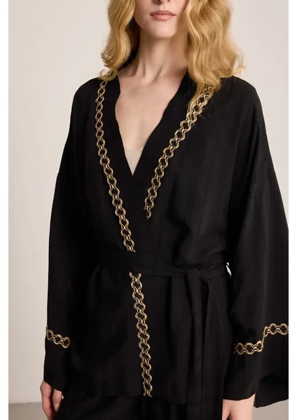 Şerit Detaylı Kimono - Siyah modelleri