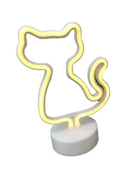 Neon Işıklı Kedi Lamba Pil+Usb Pembe Işık