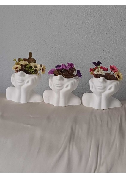 6 Parça 3'lü Kadın Saksı Dekoratif Biblo Set Çiçeklik, (3 Adet Mini Cicek Hediye )